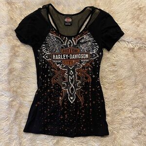 Harley-Davidson Bedazzled Black and Orange Winged Tee Vintage